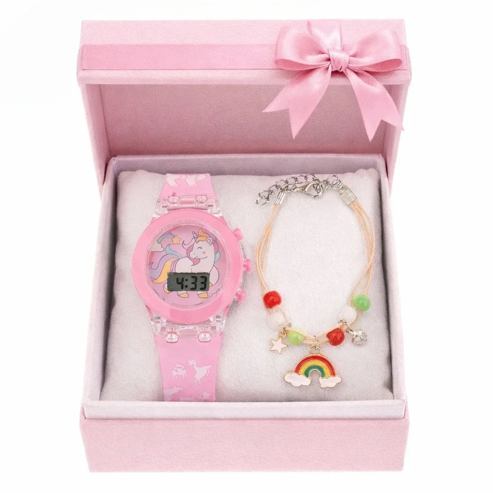Watch Girls Unicorn‎  Pink 3D Glow Silicone Watch and Rainbow Beads